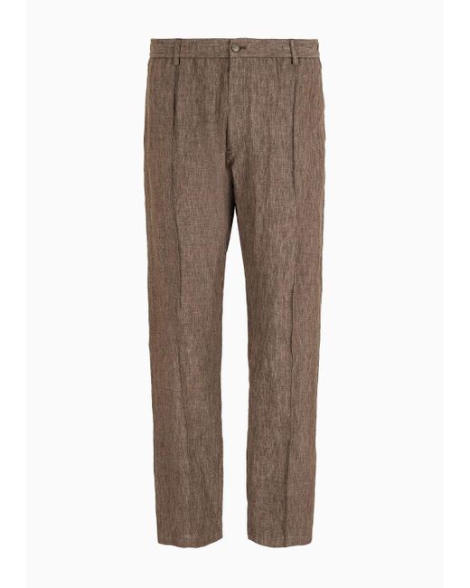 Emporio Armani Brown Crêpe-effect Faded Linen Trousers With Ribbing for men