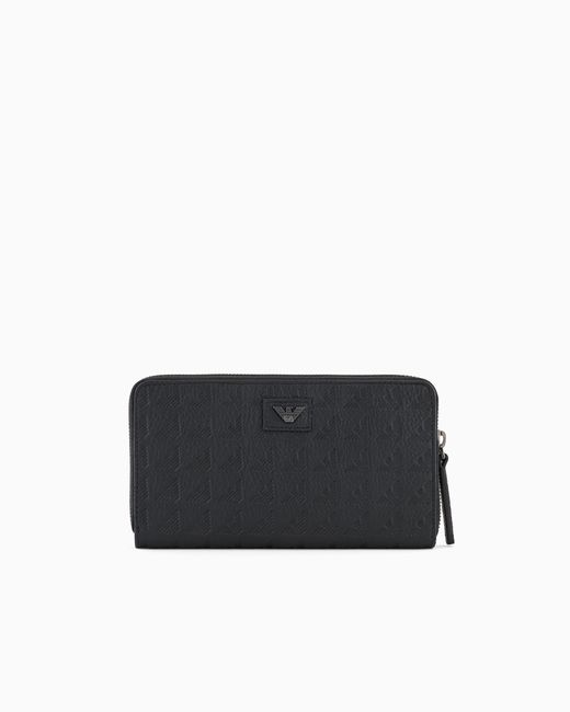 Emporio Armani Black Zip-Around Leather Wallet With All-Over Embossed Eagle for men