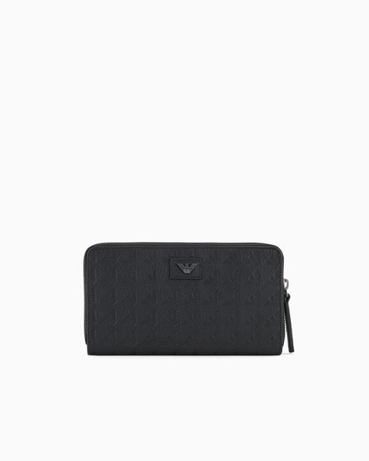 Emporio Armani Black Zip-Around Leather Wallet With All-Over Embossed Eagle for men