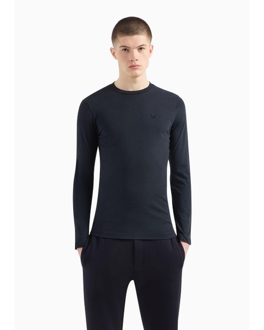 Emporio Armani Blue Supima Jersey Jumper With Micro Logo Patch for men