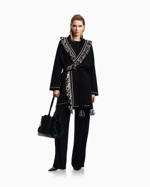 Emporio Armani Black Oversized Cardigan With Fringed Edges And Jacquard Motif