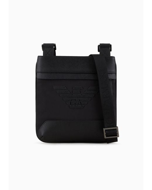 Emporio Armani Black Flat Asv Crossbody Bag In Regenerated Saffiano And Recycled Nylon for men