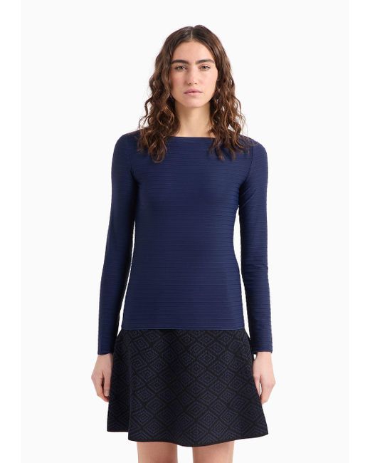 Emporio Armani Blue Boat-neck Jumper In A Jacquard Fabric With Embossed Stripe Motif