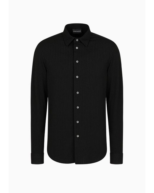 Emporio Armani Black Classic-collar Shirt In Stretch Fabric With An Embossed Motif for men