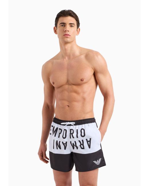 Emporio Armani Black Asv Recycled-fabric Swim Shorts With Bold Logo Band for men