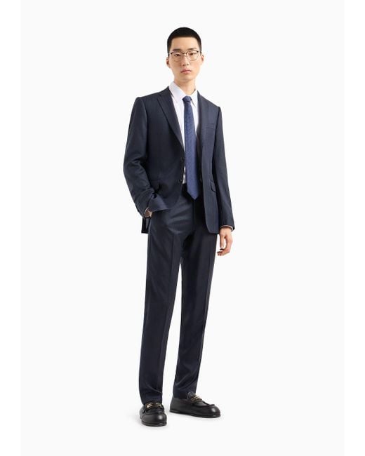 Emporio Armani Blue Single-breasted, Slim-fit Suit In Superfine Wool With A Striped Chevron Motif for men