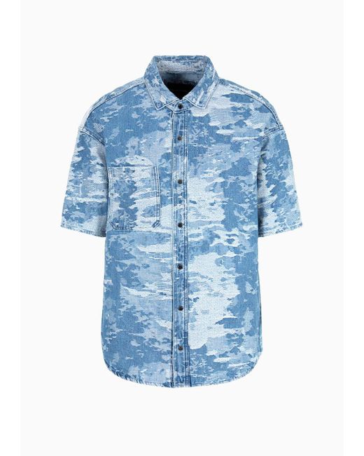Emporio Armani Blue Comfortable, Short-sleeved Shirt In Jacquard Camouflage Denim for men