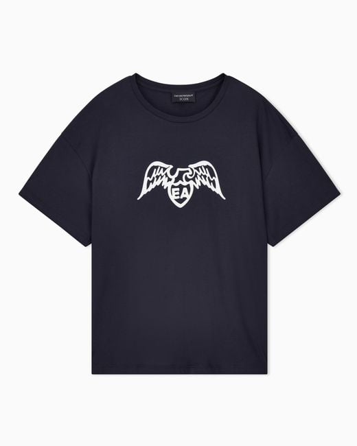 Emporio Armani Blue Pima T-Shirt With Maxi Eagle Logo And Short Sleeves