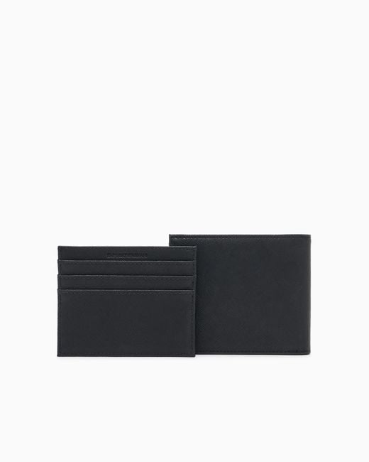 Emporio Armani Black Gift Box Containing Regenerated Saffiano Leather Wallet And Card Holder With Eagle Plate for men