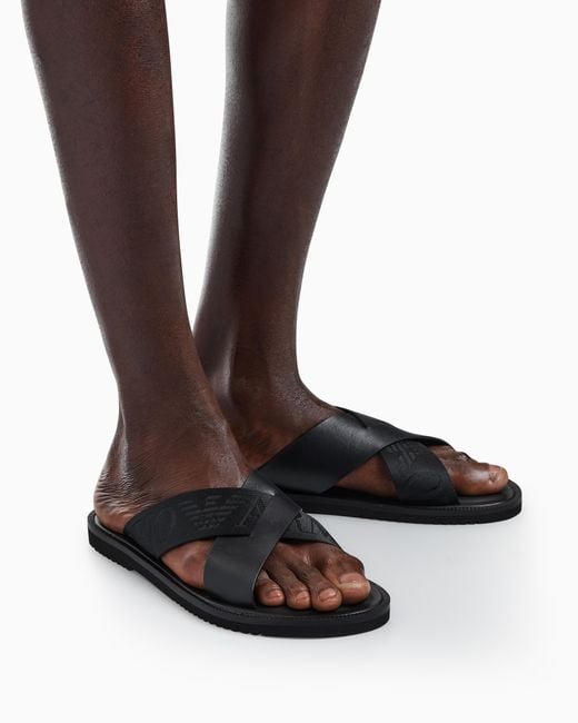 Emporio Armani Blue Leather Cross-Over Sandals With Logo Tape for men