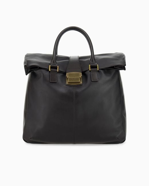 Emporio Armani Black Leather Tote Bag With Top Handles And Buckle Closure for men