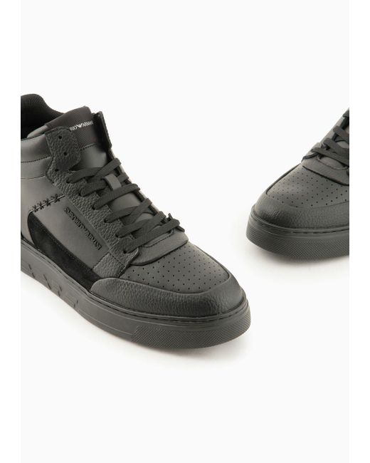 Emporio Armani Black Asv Regenerated Leather High-top Sneakers With Suede Detail for men