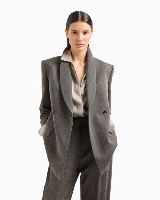 Emporio Armani Gray Mouliné Wool-Blend Chevron Motif Double-Breasted Blazer With Shawl Collar