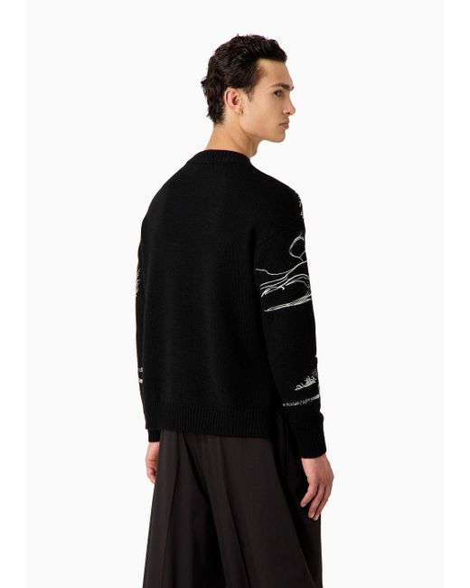 Emporio Armani Black Alpaca-blend Sweater With Nature Embroidery for men