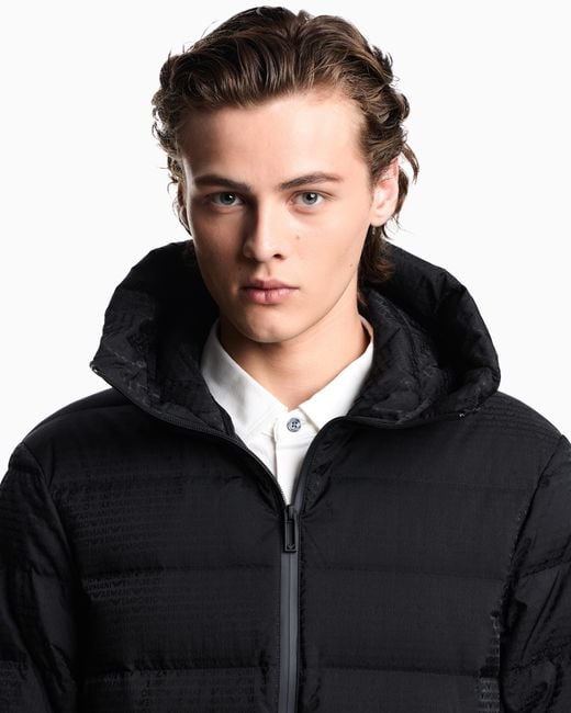 Emporio Armani Blue Hooded, Quilted-Nylon Down Jacket With Jacquard Logo Lettering for men