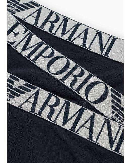 Emporio Armani Blue Three-pack Of Asv Shiny Logo Waistband Organic-cotton Briefs for men