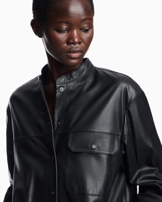 Emporio Armani Black Leather Shirt With Stand-Up Collar And Snap Buttons