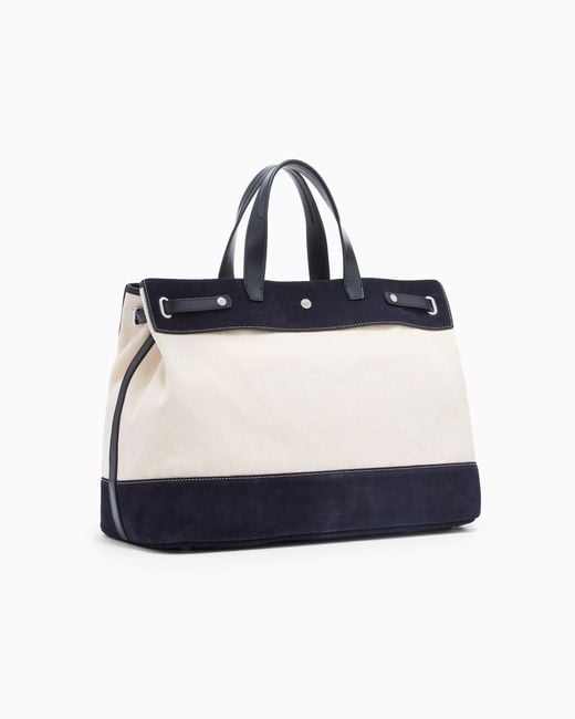 Emporio Armani Blue Canvas Shopper Bag With Leather Details for men