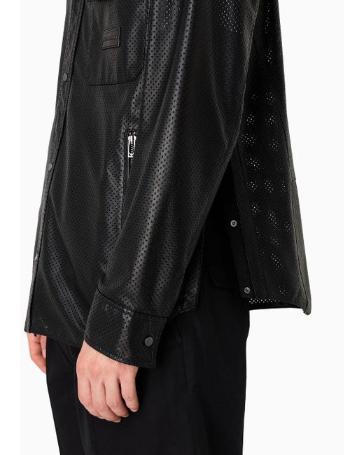 Emporio Armani Black Shirt Jacket In Perforated, Semi-aniline Nappa Lambskin for men