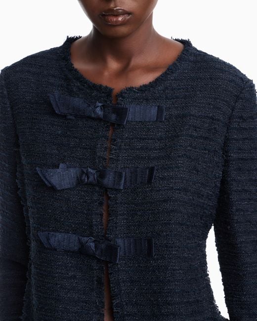 Emporio Armani Blue Unlined Textured Jacket With Ottoman Bows And Round Neckline