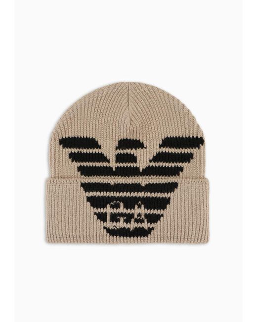Emporio Armani Gray Ribbed Wool-blend Beanie With Oversized Jacquard Eagle for men