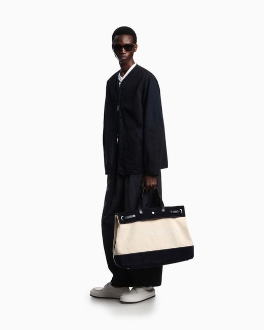 Emporio Armani Blue Canvas Shopper Bag With Leather Details for men