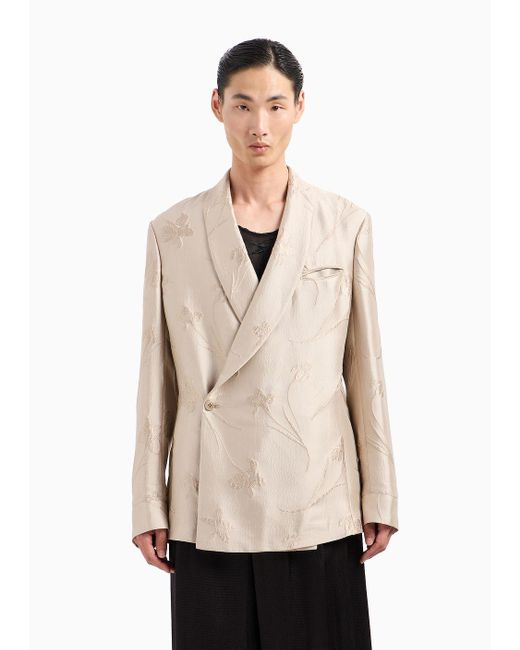 Emporio Armani Natural Floral Jacquard Silk-blend Jacket With Shawl Collar And Wrap Closure for men