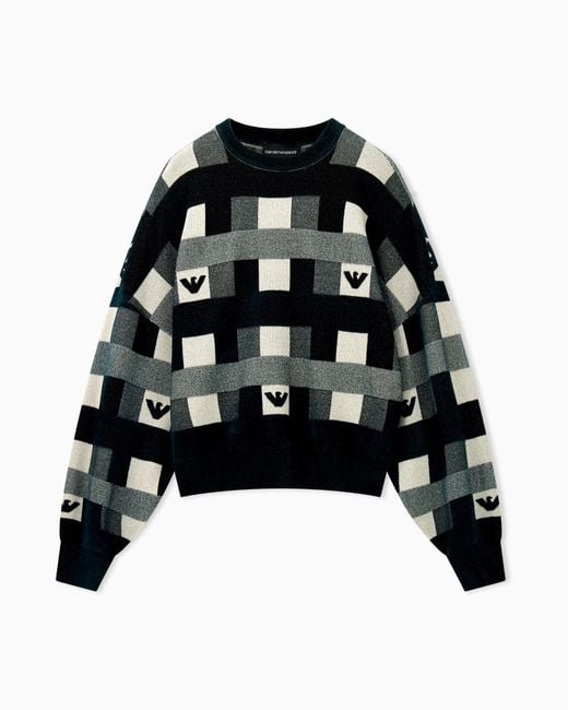Emporio Armani Black Crew Neck Pullover With Checkered Inlay Graphic And Logo