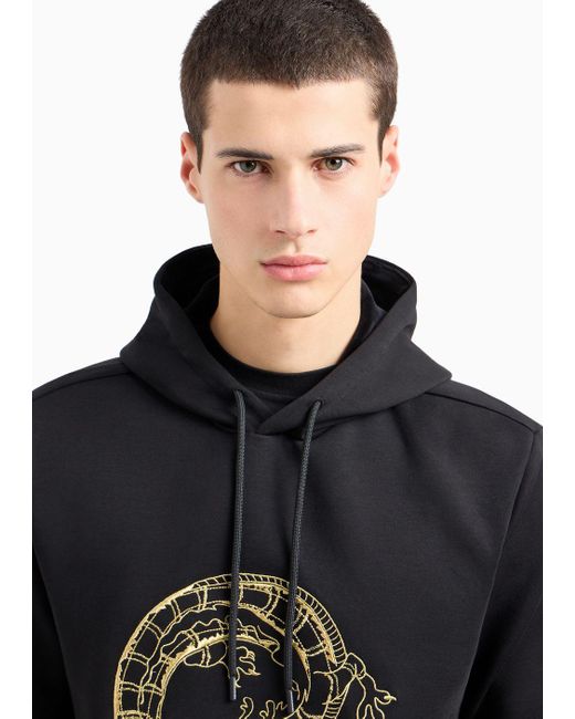 Emporio Armani Black Double-jersey Hooded Sweatshirt With Dragon Embroidery for men