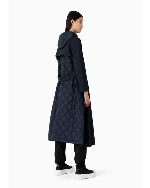 Emporio Armani Blue Long Double-breasted Trench Coat In Water-repellent Technical Cotton With Matelassé Back