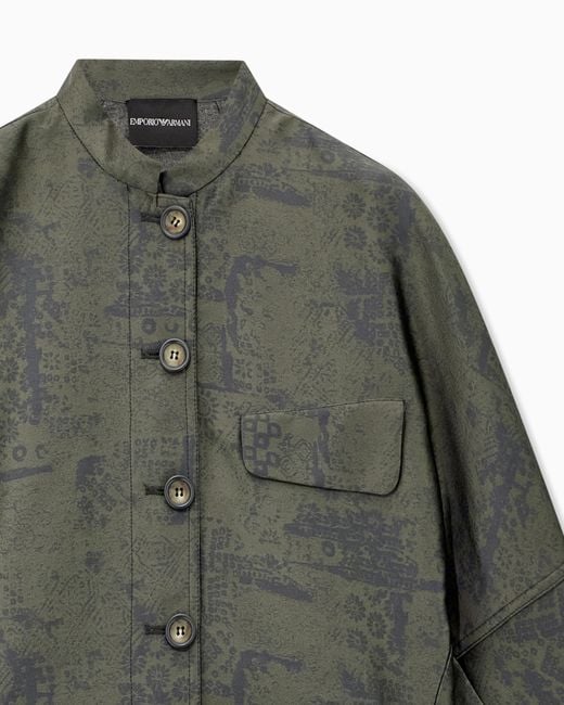Emporio Armani Green Jacquard Landscape Blouson With Mandarin Collar And Buttons