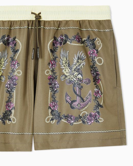 Emporio Armani Green Cards Print Swim Shorts for men