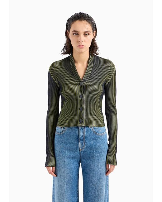 Emporio Armani Green Cropped Cardigan With Wide-spaced Ribs