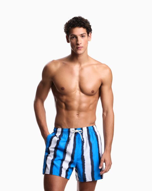 Emporio Armani Blue Swim Shorts With Shaded Stripes Print for men