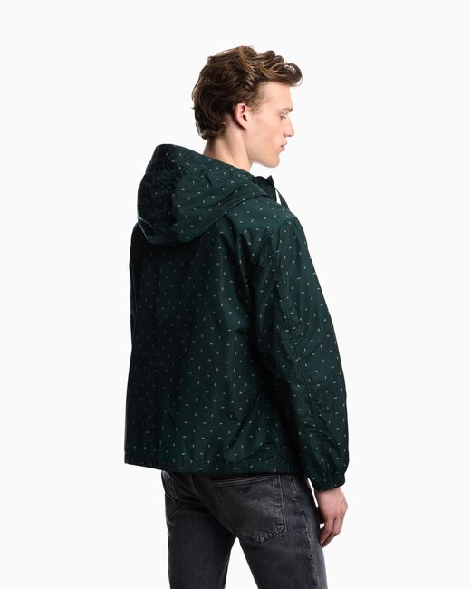 Emporio Armani Green Nylon Hooded Blouson With All-Over Micro-Eagle Graphic Design for men