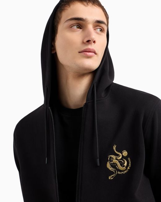 Emporio Armani Black Asv Double-Jersey Hooded Zip Sweatshirt With Lunar New Year Embroidery for men