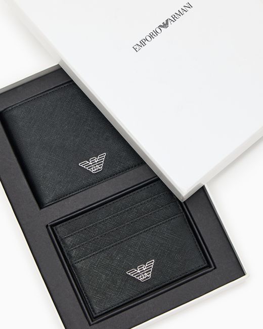 Emporio Armani Black Gift Box Containing Regenerated Saffiano Leather Wallet And Card Holder With Eagle Plate for men