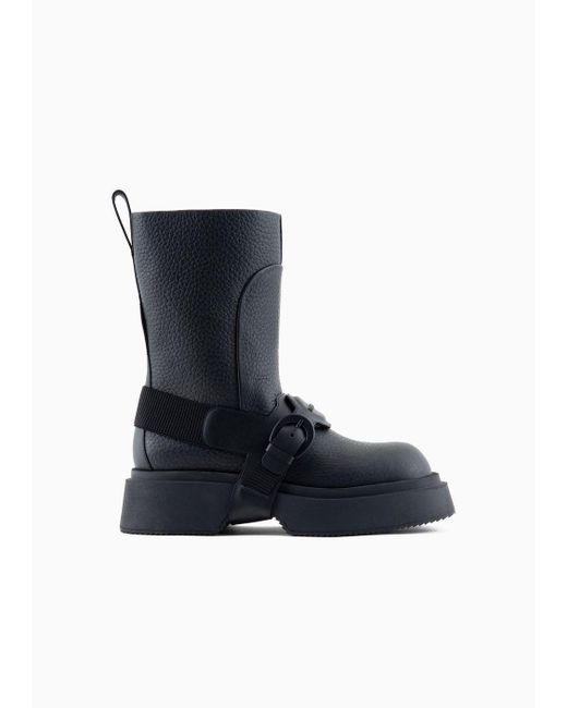 Emporio Armani Blue Tumbled Leather Ankle Boots With Straps for men