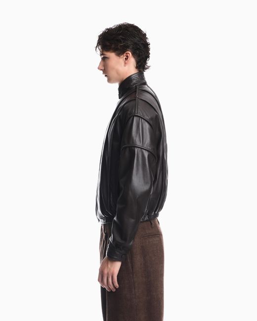 Emporio Armani Brown Cropped Nappa Leather Blouson Jacket With A Stand Collar for men