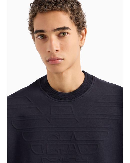 Emporio Armani Blue Double-jersey Sweatshirt With Embossed Oversize Logo for men