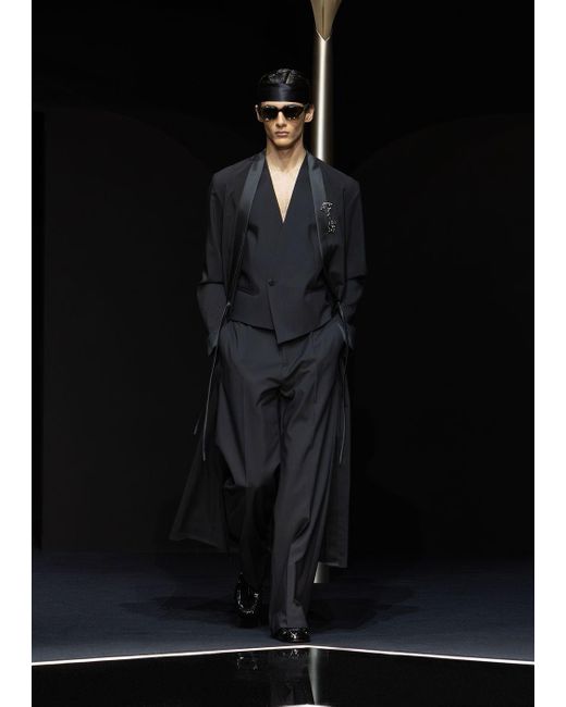 Emporio Armani Black Crisp-feel Tropical Virgin Light Wool Overcoat With Robe Fastening for men