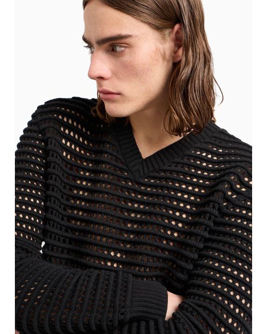 Emporio Armani Black Perforated V-neck Jumper In An Ottoman Knit for men
