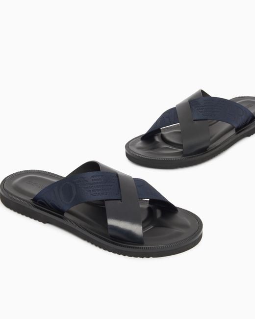 Emporio Armani White Leather Cross-Over Sandals With Logo Tape for men