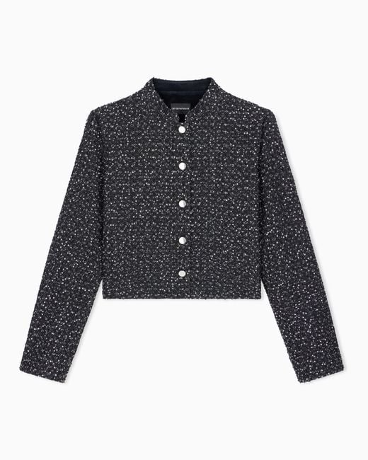 Emporio Armani Black Denim Blazer With Embroidered Paillettes And Front Buttons