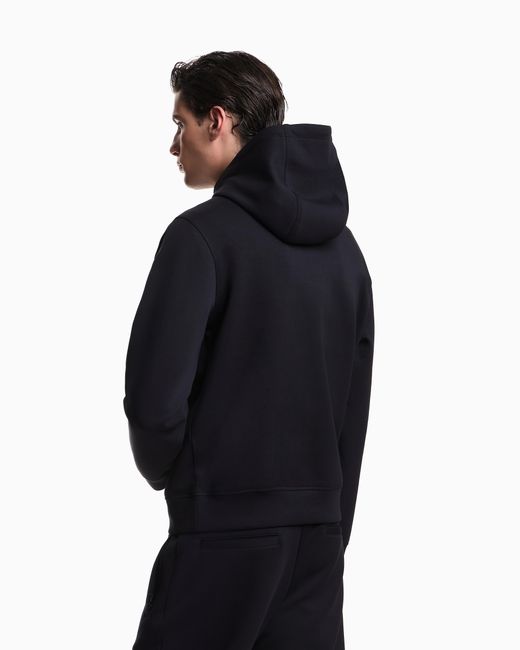 Emporio Armani Blue Double-Jersey Hooded Sweatshirt With Embroidered Micro Eagle Logo for men