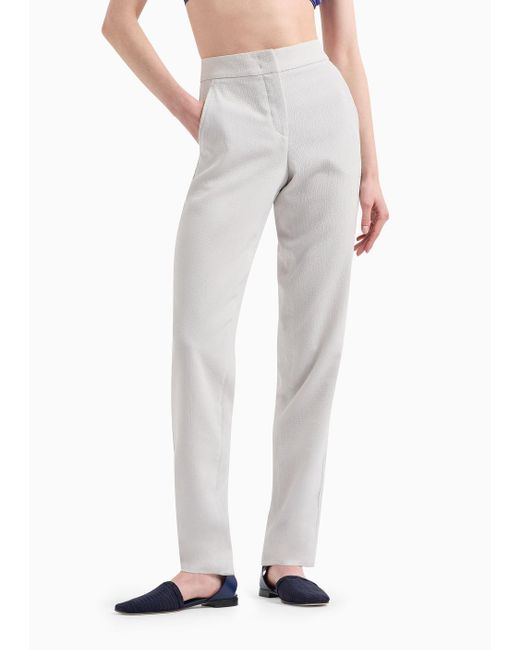 Emporio Armani White Technical Seersucker Trousers With Darts