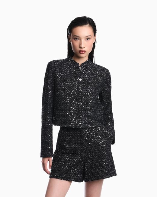 Emporio Armani Black Denim Blazer With Embroidered Paillettes And Front Buttons