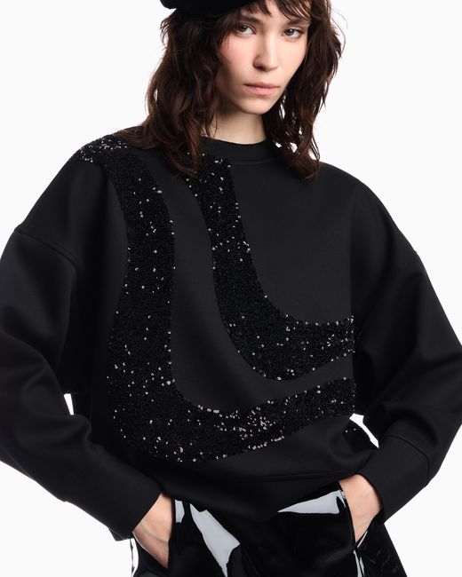 Emporio Armani Black Crew-Neck Scuba Sweatshirt With Abstract Sequin Design