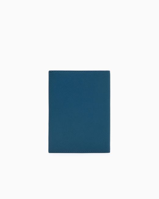Emporio Armani Blue Regenerated Saffiano Leather Passport Holder With Eagle Plate for men
