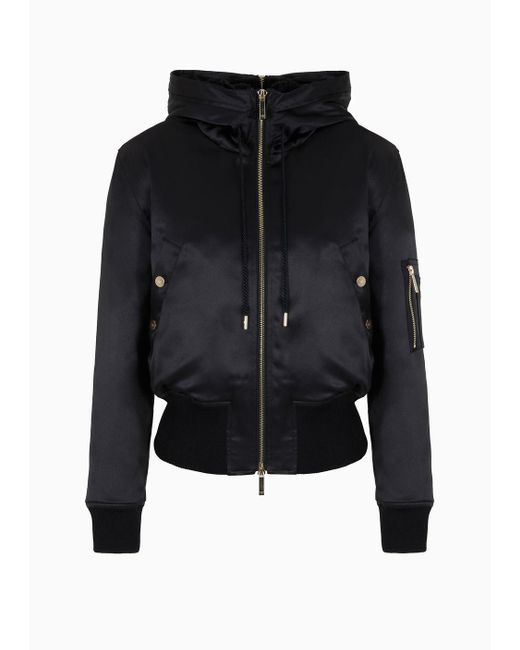 Emporio Armani Black Hooded Satin Bomber Jacket With Dragon Embroidery